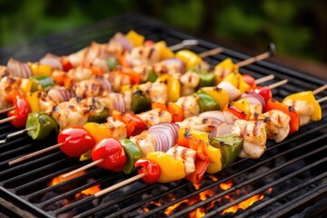 fresh shrimp skewers on a rustic grill