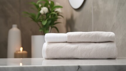 Stack of clean towelsle countertop in bathroom, closeup