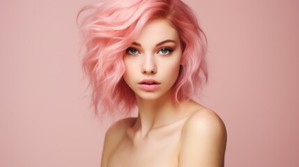 Stunning Young Woman Portrait with Pastel Pink Hair: Perfect Smooth Skin on Matching Pastel Pink Background - Contemporary Beauty in Focus