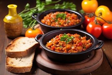 baked beans served with toasted bread on bowls edge