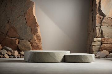 Minimalist scene with marble podium and stone wall background for product presentation display