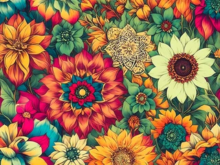 Fototapeten Retro floral pattern with colorful flowers. Vintage illustration. © ReaverCrest