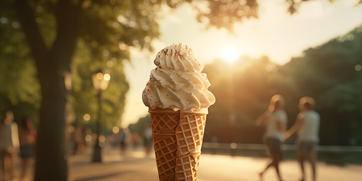 Holding delicious ice cream in park.