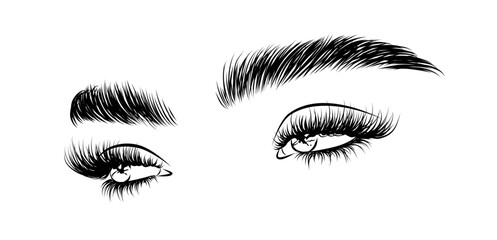 A stylish illustration of an eye featuring long, voluminous lashes. Created as a hand-drawn vector design, it showcases natural eyebrows and contemporary makeup.