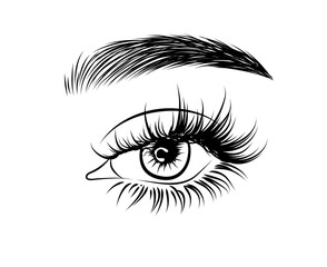Elegant Fashion Illustration of an Eye with Luxurious Makeup and Naturally Styled Eyebrows. A Hand-Drawn Vector Concept Ideal for Business Cards, Templates, Web Design, Salon Banners, and Brochures. P