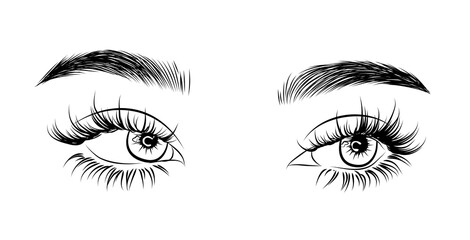 Eye logo illustration for beauty cards, salon, social media. Hand drawn beautiful eye look with natural eyelashes and fluffy detailed eyebrows - obrazy, fototapety, plakaty