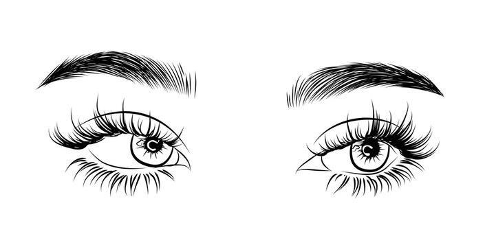Eye logo illustration for beauty cards, salon, social media. Hand drawn beautiful eye look with natural eyelashes and fluffy detailed eyebrows
