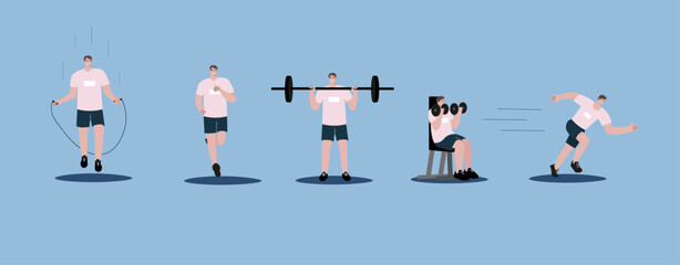 Obraz premium Different physical activities, do sports set. Flat graphic vector illustrations isolated on blue background.
