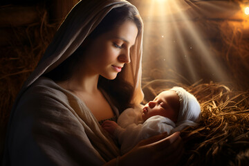 Mary with her newborn son in a manger with hay, Nativity of Jesus - obrazy, fototapety, plakaty