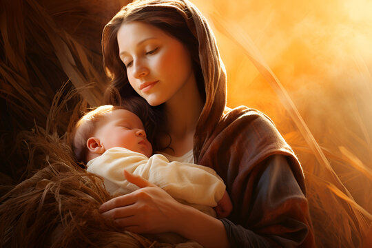 Mary and her newborn in a humble manger, the Nativity of Jesus