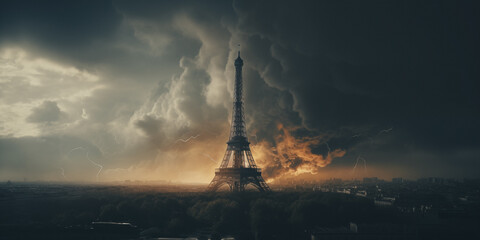 Eifel tower paris burning droneview. - obrazy, fototapety, plakaty