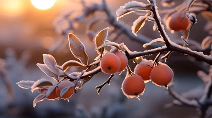 Fotobehang Peach in branches, frost and cold morning, closeup portrait © amila