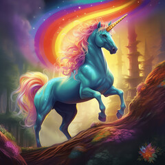 Obraz na płótnie Canvas Blue Unicorn with rainbow