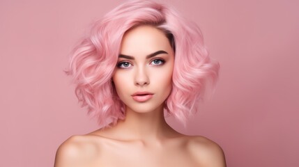Vibrant Young Latina Woman Portrait with Pastel Pink Hair: Perfect Smooth Skin on Matching Pastel Pink Background - Contemporary Beauty in Focus