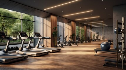 A state-of-the-art gym replete with diverse workout equipment, an imposing mirror wall, and space for yoga or meditation.