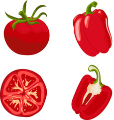 Tomato and red bell pepper whole and halved isolated vector illustration 