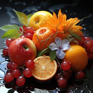 Juicy berries and fruits. Splashes of fruit juice. Ripe berries and fruits in a splash of water. Drops of water. Natural juice.
