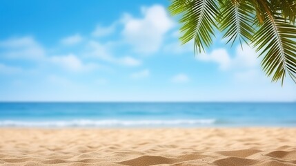 Fototapeta na wymiar Tropical beach with palm tree and sand. Summer vacation background