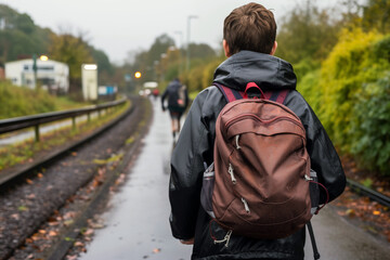 Young male teen or student with a brown backpack walking on a misty road, surrounded by houses and trees, conveying a sense of journey and solitude.