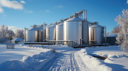 Obraz premium Panorama of grain silos in winter with snow and blue sky.