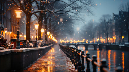 Amsterdam canal at night with lights and snowfall, Netherlands. - obrazy, fototapety, plakaty