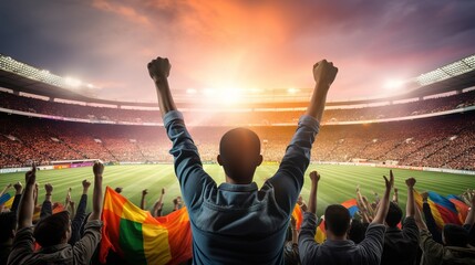 Rear view of a football fan cheering with hands raised at the stadium