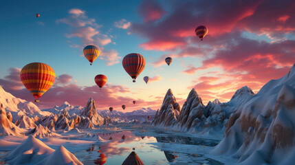 Hot air balloons flying over snowy mountains at sunset. - obrazy, fototapety, plakaty