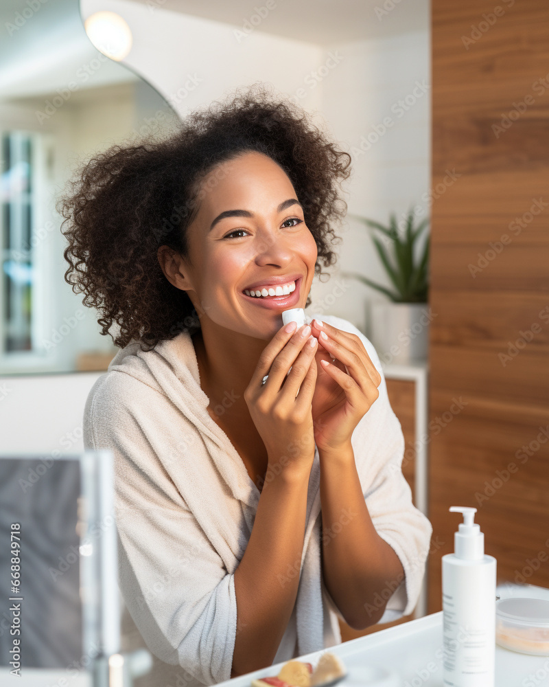 Wall mural happy mother applying a skincare product