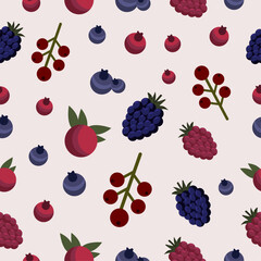 Seamless pattern with cartoon berries small cowberry, currant, blueberry, blackberry, mulberry, nectarine, plum with white background. Cartoon berries seamless pattern in flat design for textile