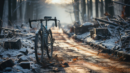 Bicycles on the road in the winter forest with trash. Garbage as a social problem of society and human culture.