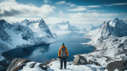 Fototapeta premium Hiker on the top of a mountain looking at the beautiful landscape.