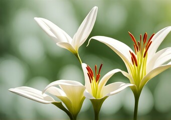 Fototapeta premium White lily flowers on a background of green leaves.