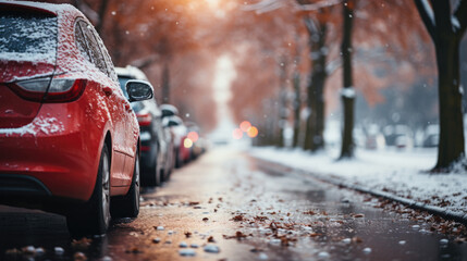 Cars parked in a row on a snowy street in winter.