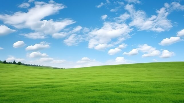 Green field and blue sky with white clouds