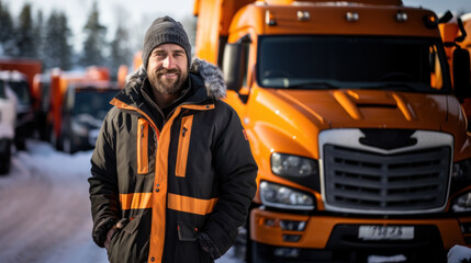 Portrait of a bearded man driver worker in a winter jacket standing in front of a big truck. - obrazy, fototapety, plakaty