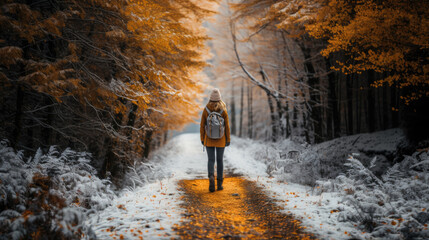  Back view of a woman walking in the winter forest enjoying freedom while walking in snowy path in cold weather. - obrazy, fototapety, plakaty