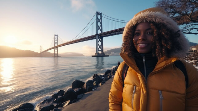 Young african american woman in winter jacket and fur hat standing on the beach with golden gate bridge in background. - Powered by Adobe