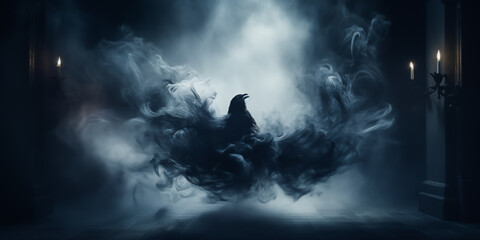 Mysterious fantasy ghost raven coming out of the smoke - obrazy, fototapety, plakaty