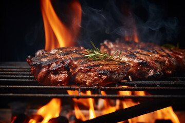 Grilled Meat Steak on Stainless Grill Depot with Flames on Dark Background - Created with generative AI tools