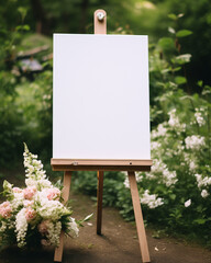 Empty poster on easel on wedding ceremony boho style
