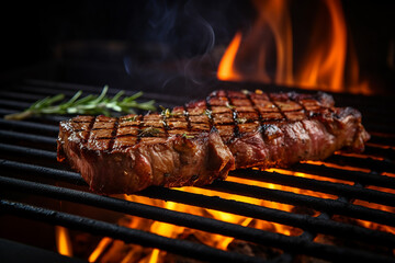 Grilled Meat Steak on Stainless Grill Depot with Flames on Dark Background - Created with generative AI tools
