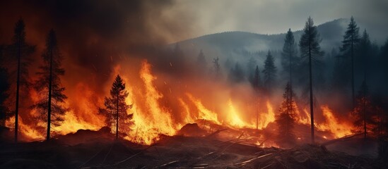Forest fire in the mountains. Burning dry grass and trees in the foreground.