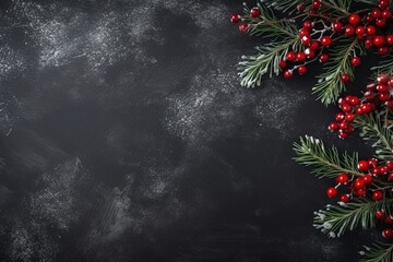 Christmas Decoration with Fir Branches and Red Berries on a Dark Background - Created with generative AI tools