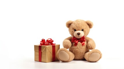 Cute Christmas Toy Bear Holding a Gift on White Background