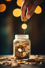 saving money, hand putting coin in jar, bokeh light background