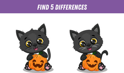  Find five differences between two pictures of cute black cat. Cute kitten and pumpkin. Halloween card. Activity page. Vector

