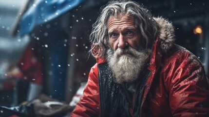 Obraz premium Depicting the Kindness of Giving during Homeless Christmas: A Homeless Person Receiving a Christmas Gift
