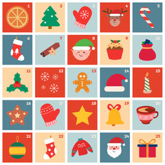 Christmas advent calendar. Winter holiday elements - candle, pine, socks, cookies, coffee. Celebration card templates with numbers.