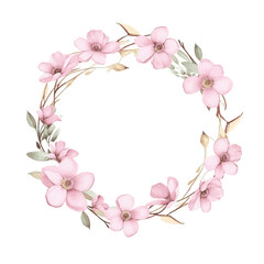 beautiful pink spring florwers blossom and leaves round frame golden watercolor paint