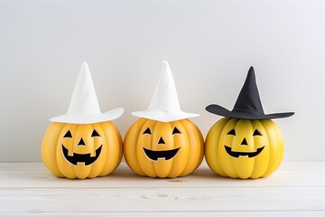White and Yellow Ghost Pumpkins with Witch Hat on White Wooden Board Background with Bat - Created with generative AI tools